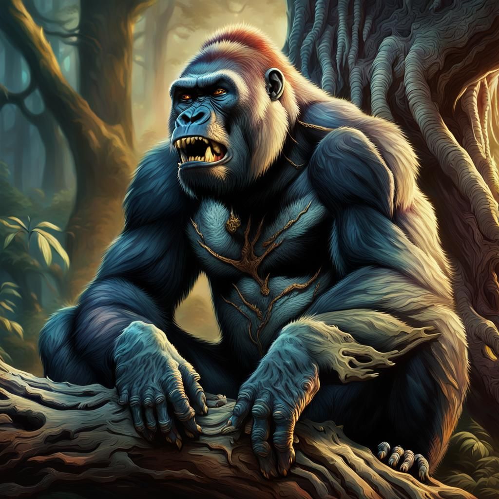 Gorilla-Dog Hybrid Creature on Ancient Tree Root