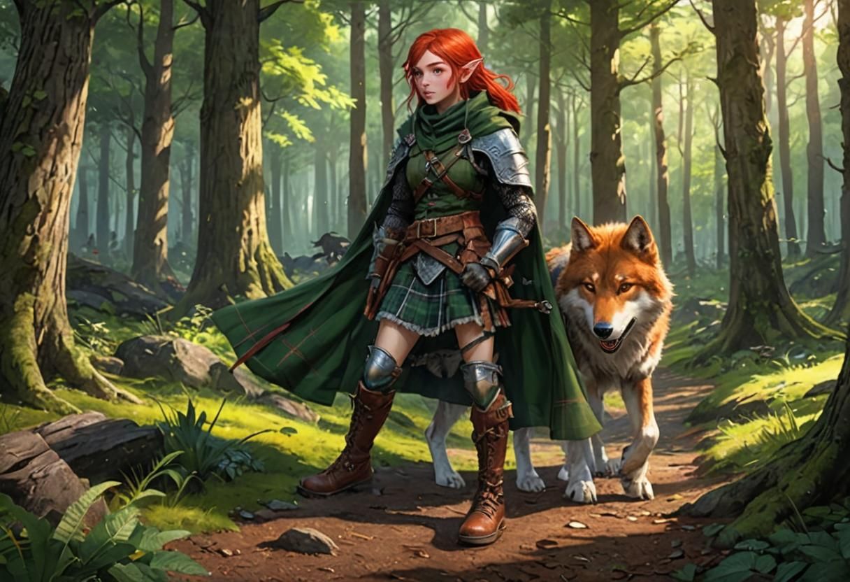 Wood Elf Ranger and Wolf in Anime Style