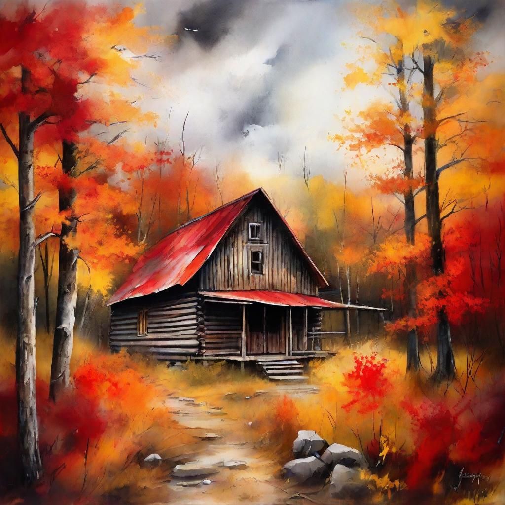 Autumn Cabin in Dark Fantasy Gouache Style