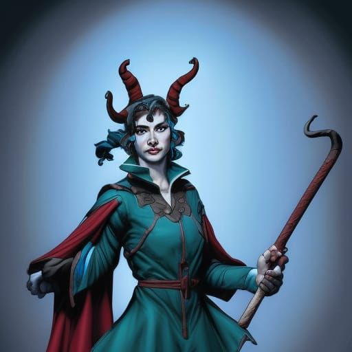Blue Tiefling Cleric in Comic Book Art