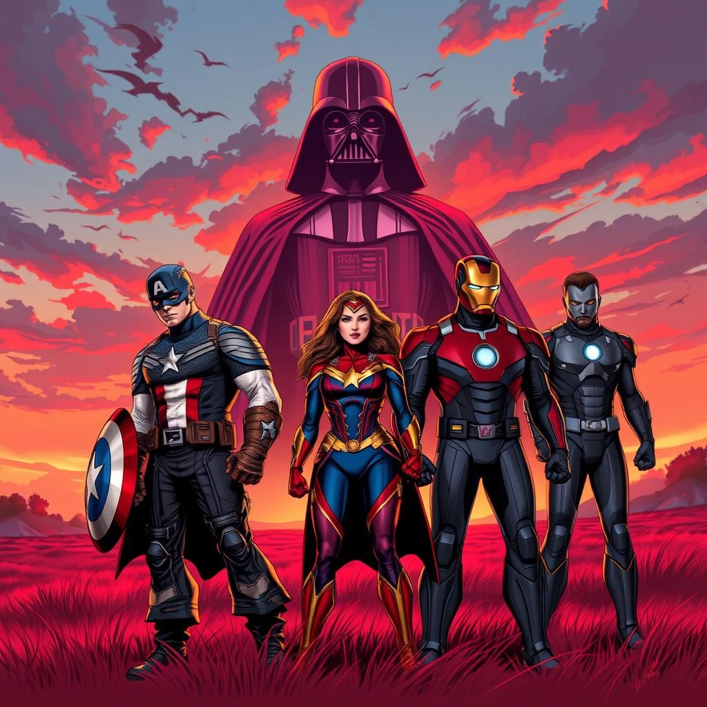 Superhero Team Confronts Darth Vader Statue in Comic Style