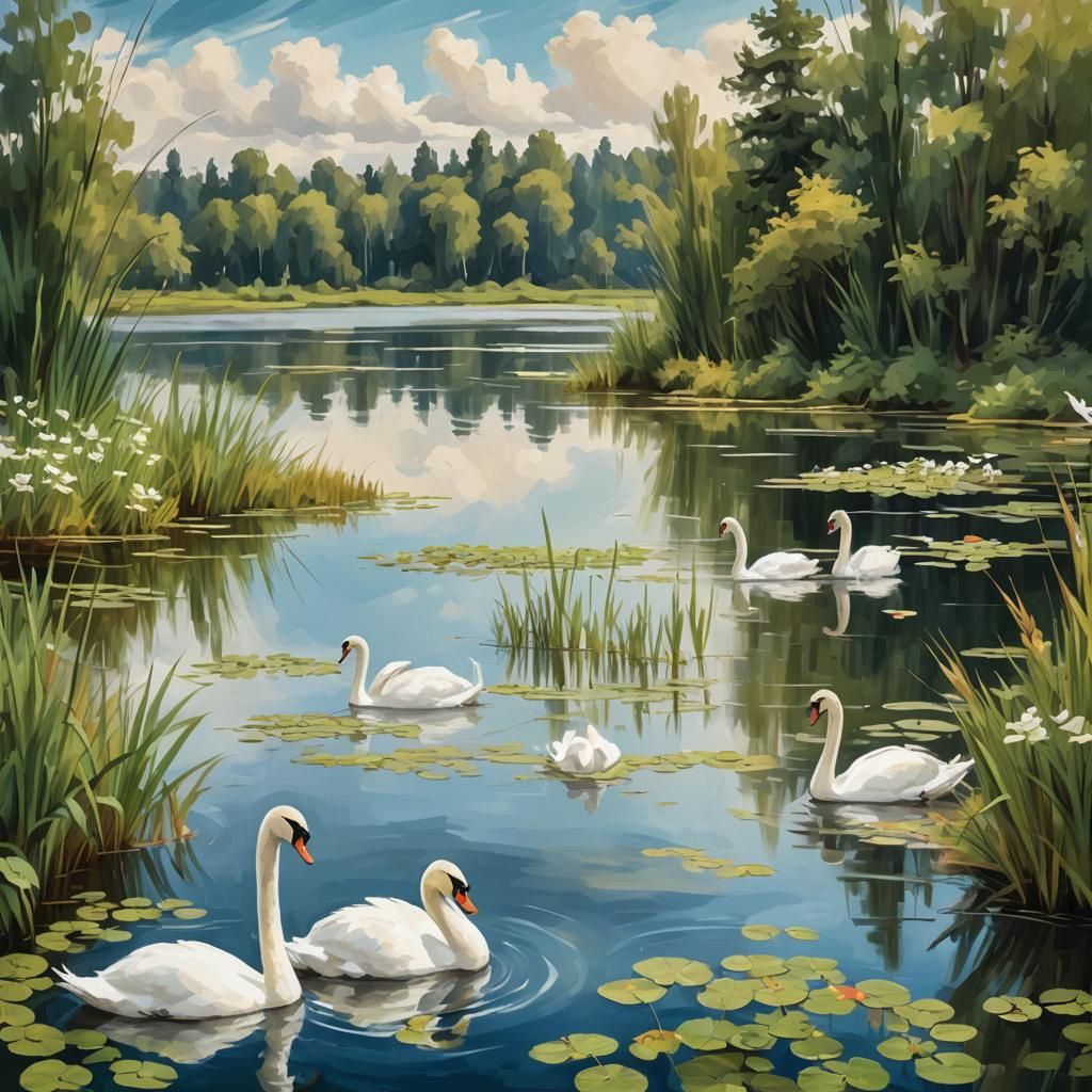 White Swans on Lake as Oil Painting Sketch