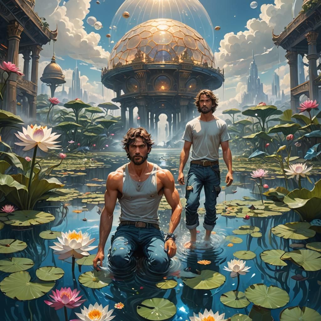 Men Swimming in Lotus Pond: Futuristic Hyperrealism