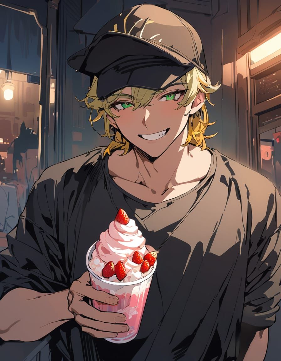Cel-Shaded Bishounen Enjoying a Scoop of Strawberry Ice Crea...