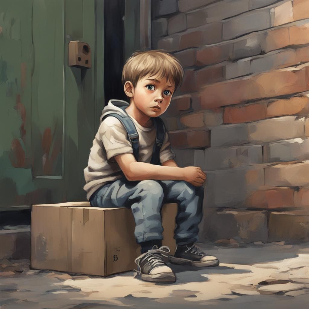 Crying Child with Puppy in Alleyway: Realistic Image