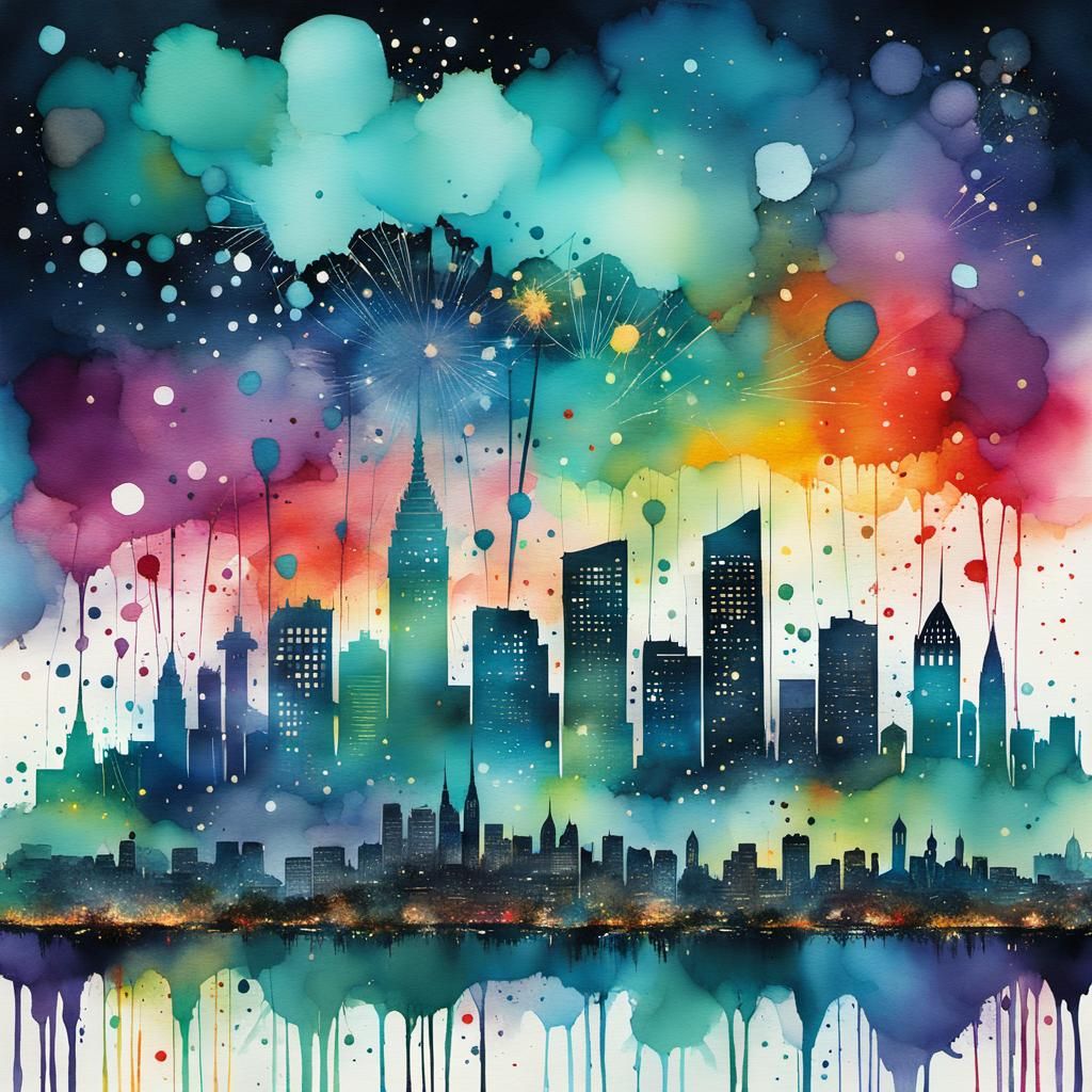 Sydney Night Skyline in Alcohol Ink Illustration