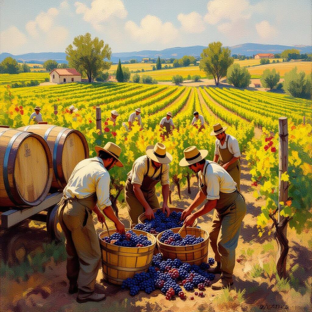 Grape Harvest in Vineyard: An Impressionistic Autumn Scene