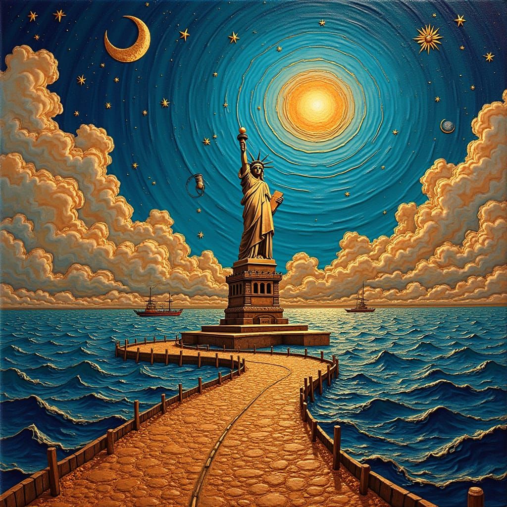Surreal, High-Resolution Painting of Liberty Landmark in Cos...