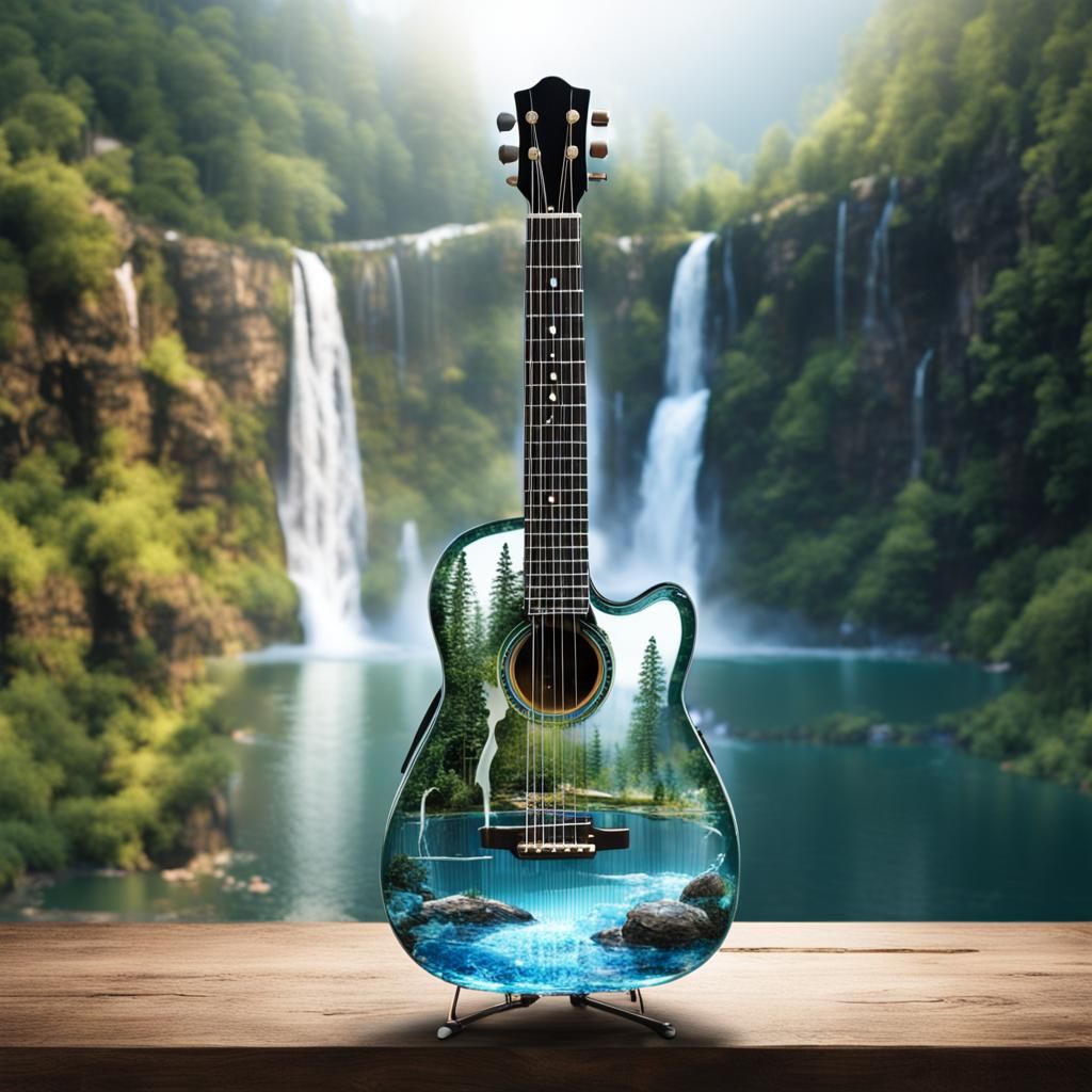Glass Guitar with River and Waterfall