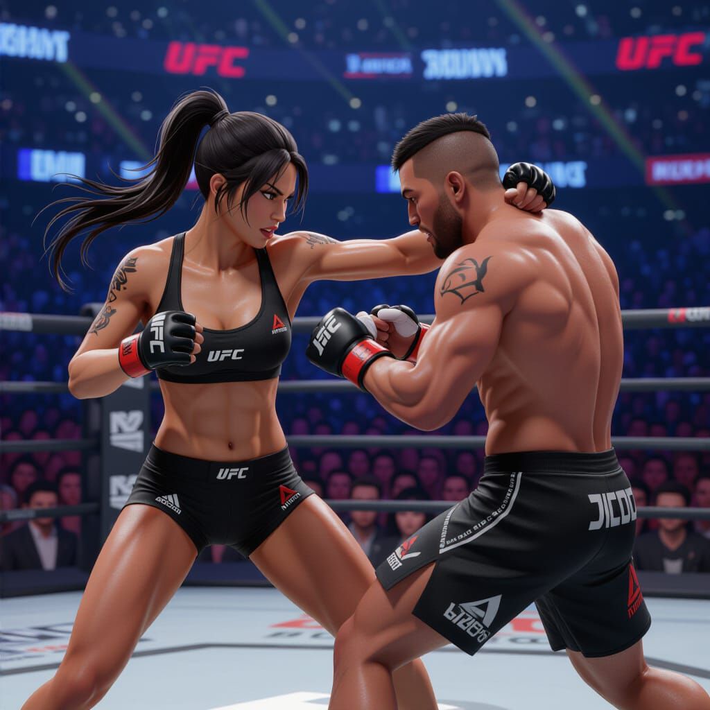 Anime MMA Fighters Clash in Crowded Arena