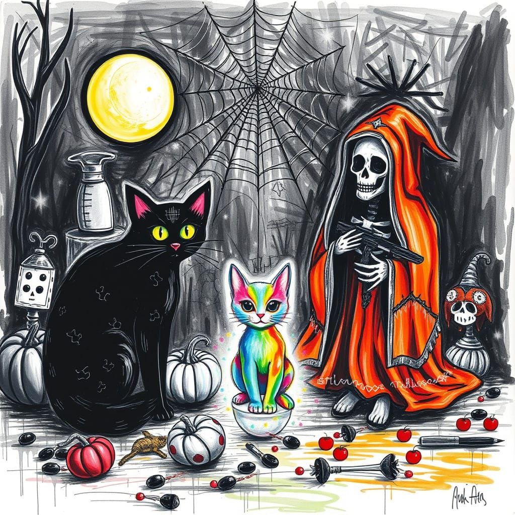 Surreal Child's Drawing of Halloween Black Cat and Santa Mue...