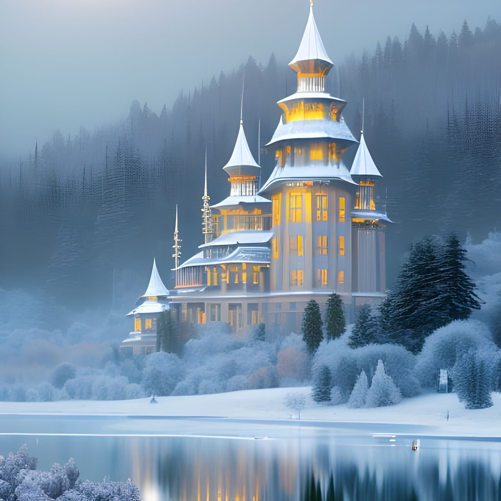 Castle forest, mist, nature, lake, moon, winter, landscape, ...