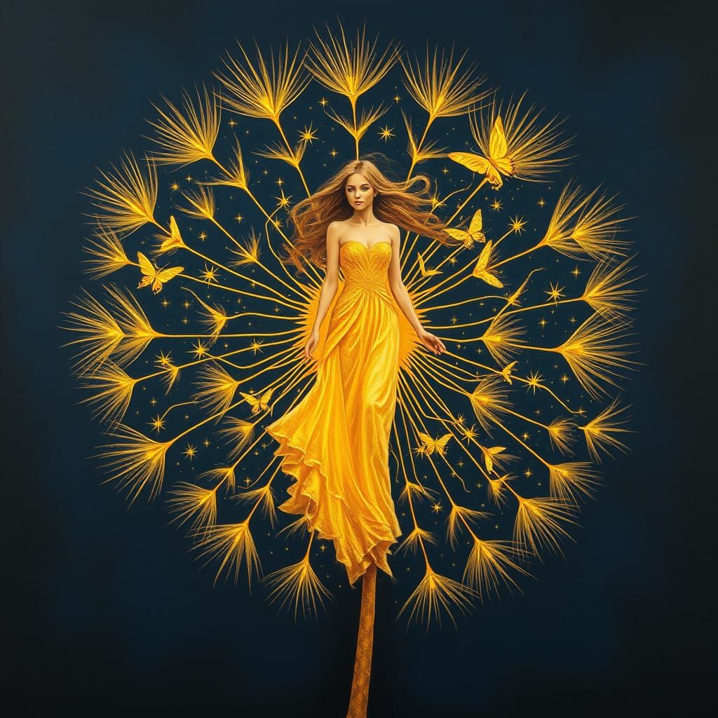 Golden Goddess Amidst Celestial Whispers in Surrealist Maste...