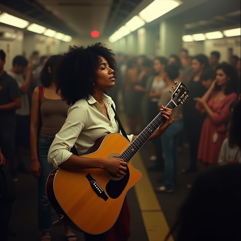 Woman Playing Guitar on Subway Platform