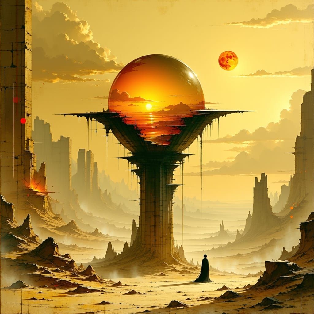 Futuristic Alien Orb in Ancient Desert Ruins