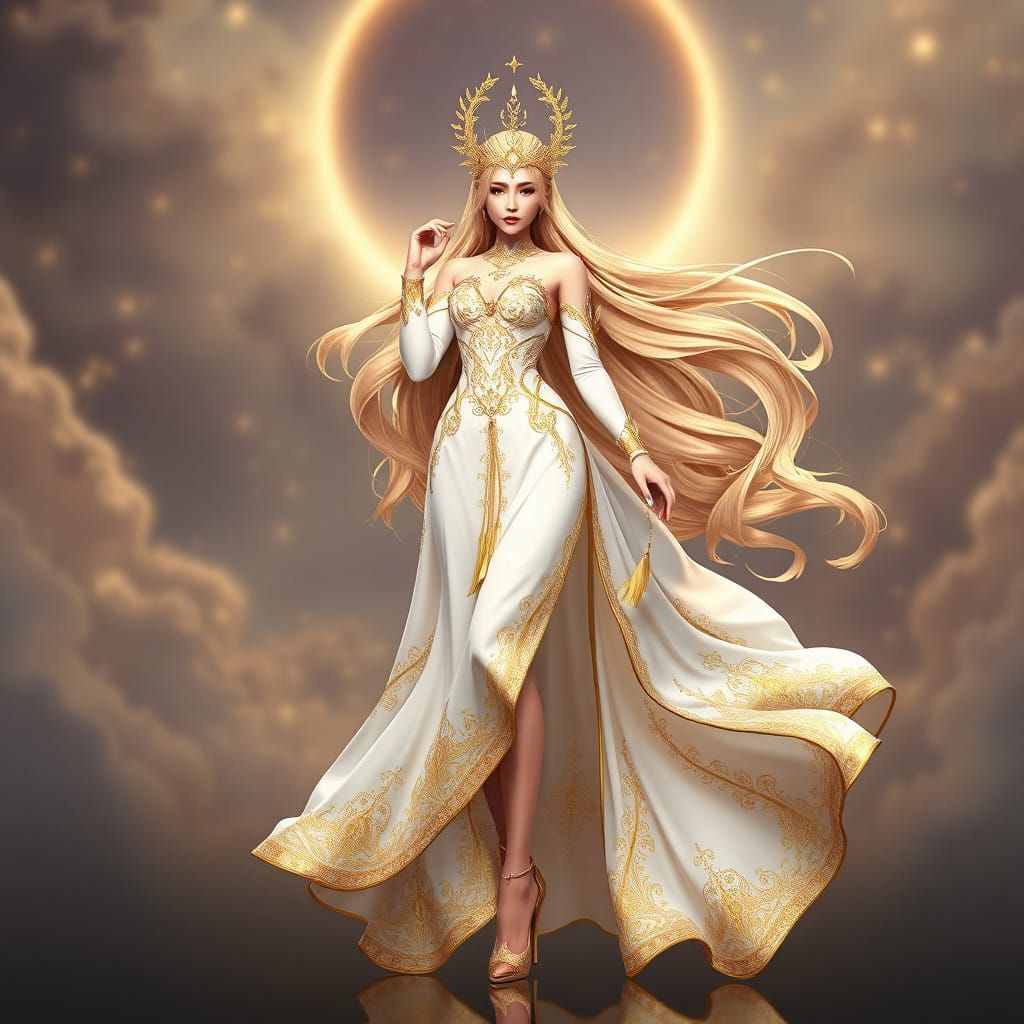 Ethereal Goddess in Exquisite White Gown with Gold Accents a...