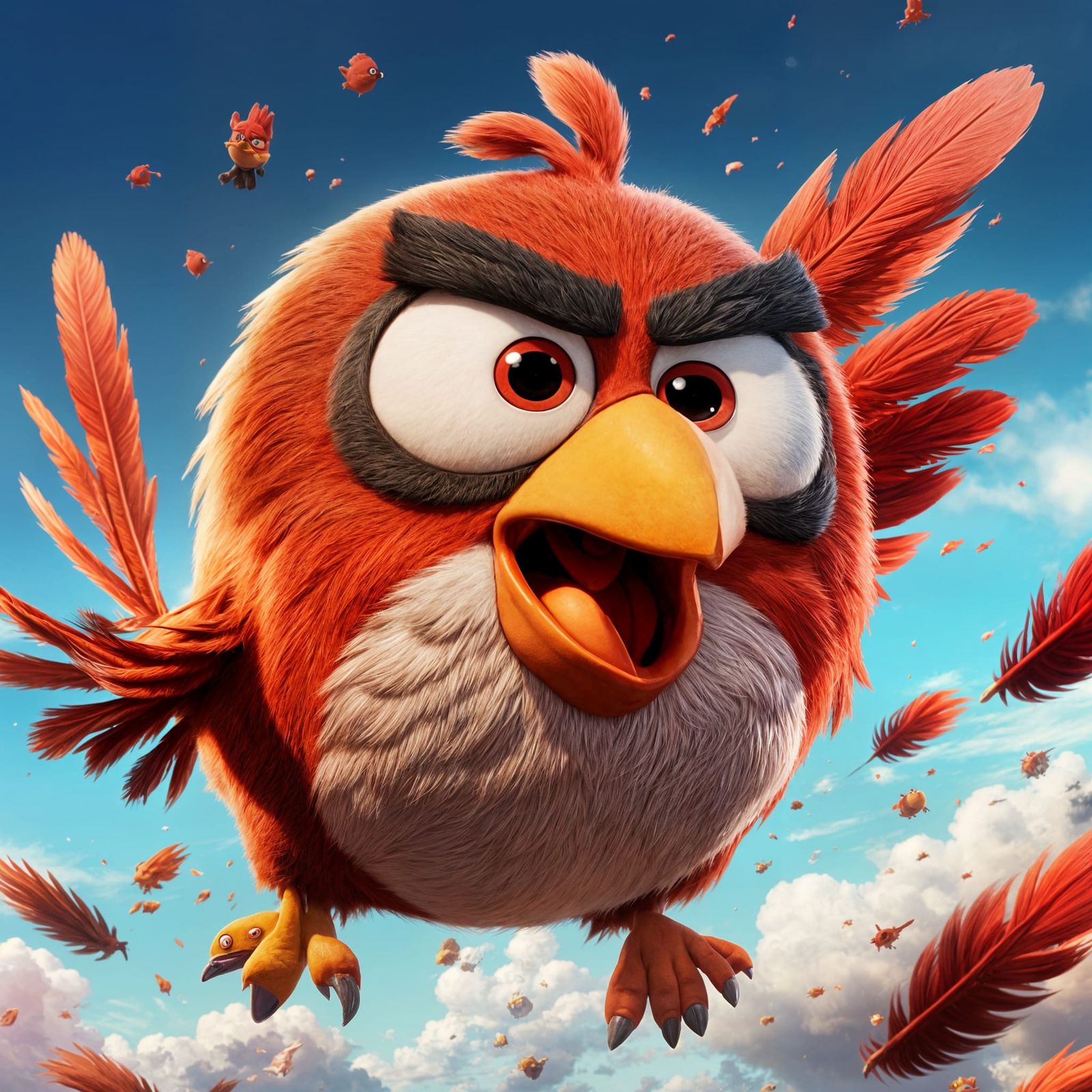 Red from Angry Birds Flying to Attack Pigs