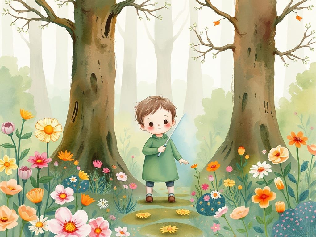 Whimsical Kidcore Forest in Watercolor Style