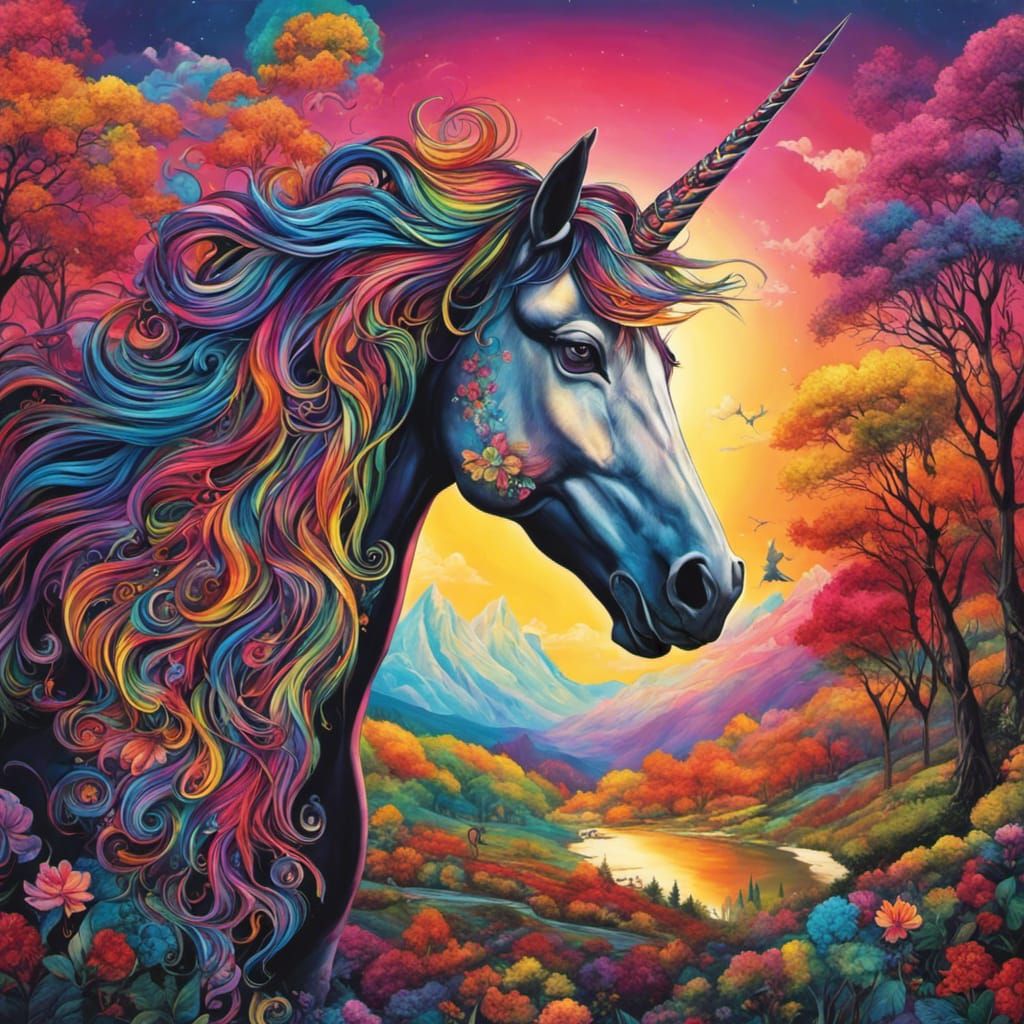 Gothic Unicorn in Burton Style with Rainbow Trees