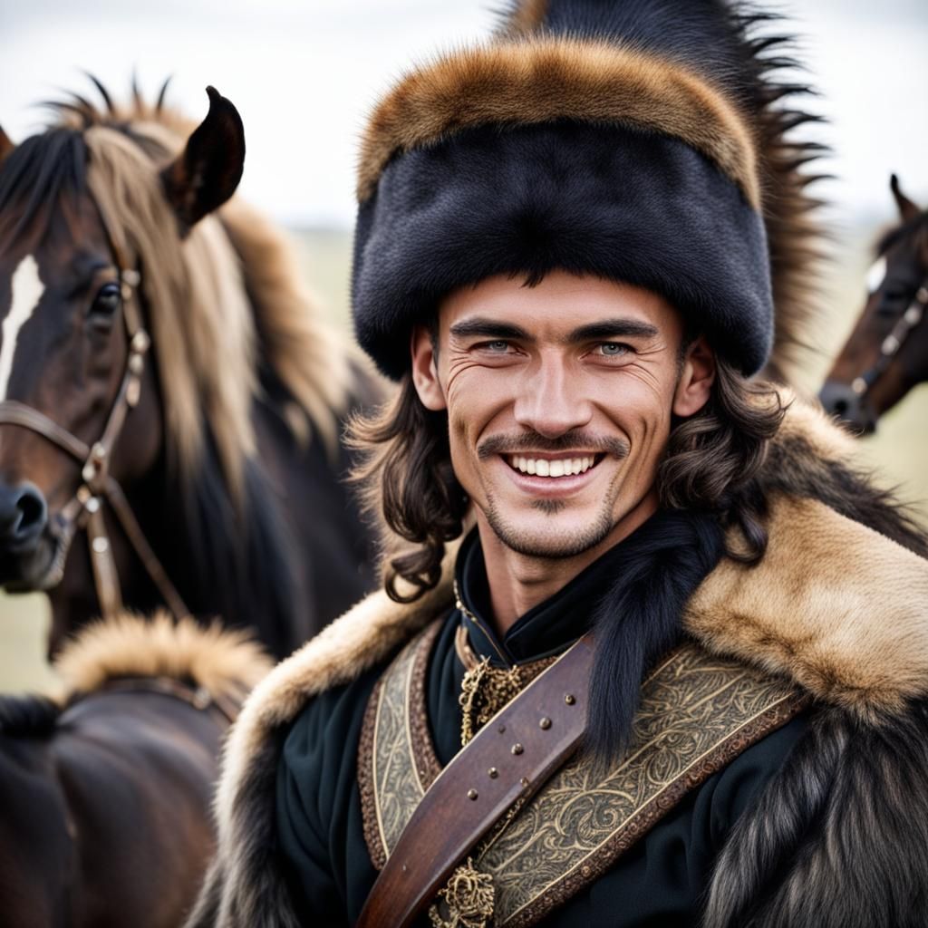 Young Cossack with Savage Grin on the Steppe