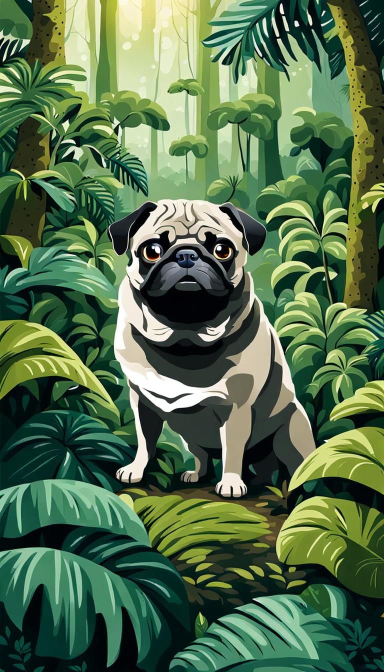 Confused Pug in Lush Rainforest Scene