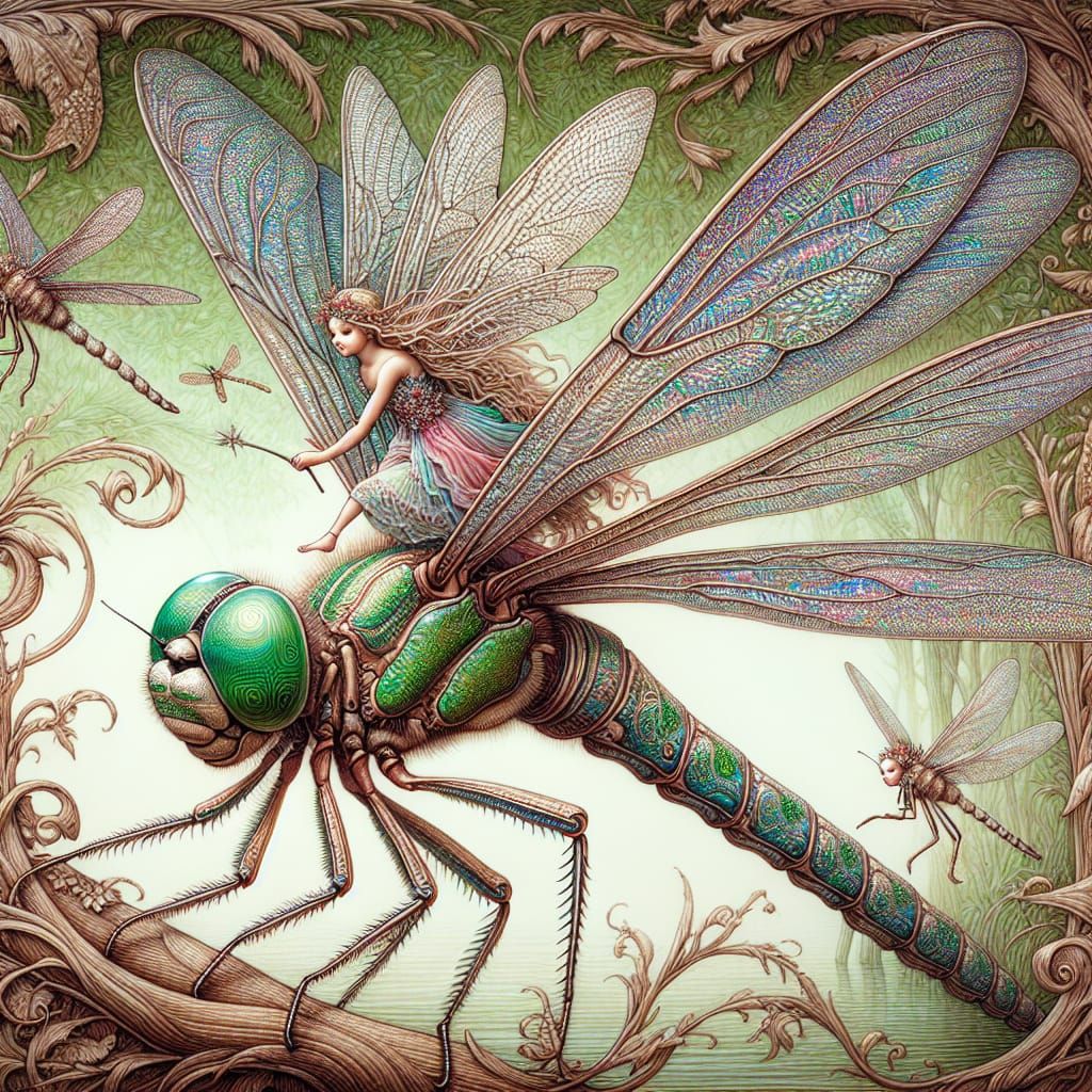 Fairy Riding Dragonfly Through Woodland, Whimsical Art