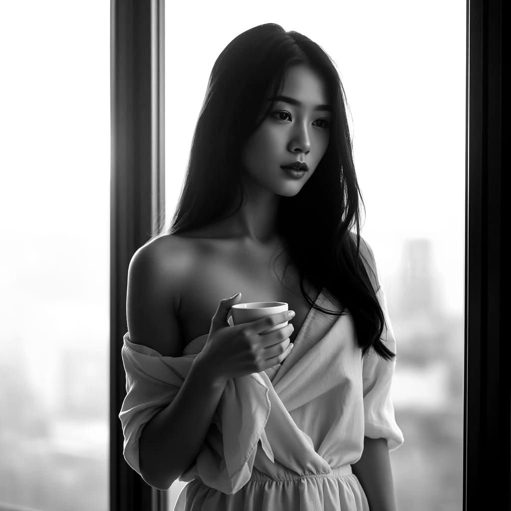 Korean Woman with Coffee at Dawn