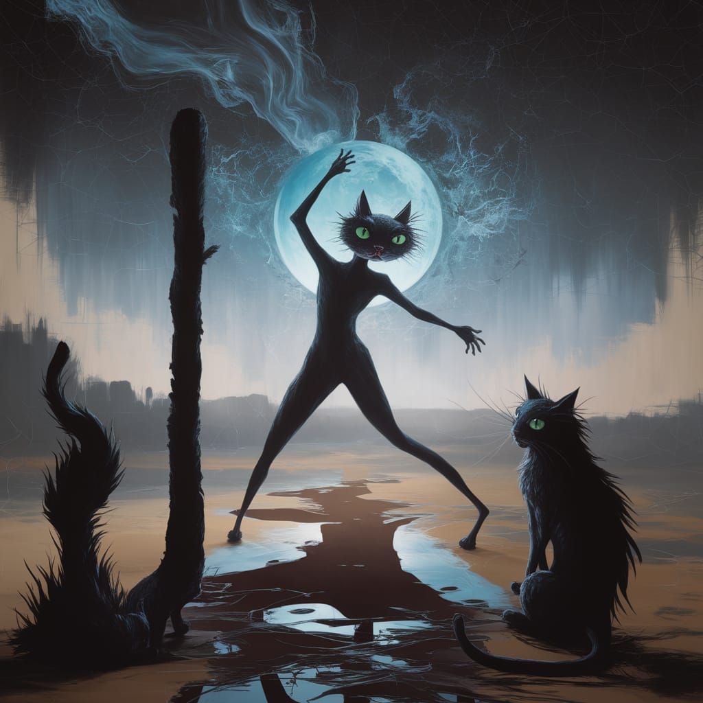 Surreal Gothic Cats in Abstract Ink Painting