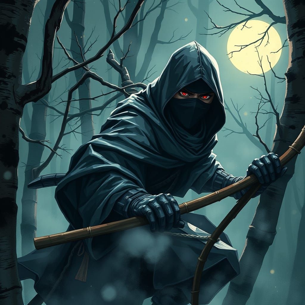 Stealthy Ninja in Moonlit Forest, Digital Concept Art