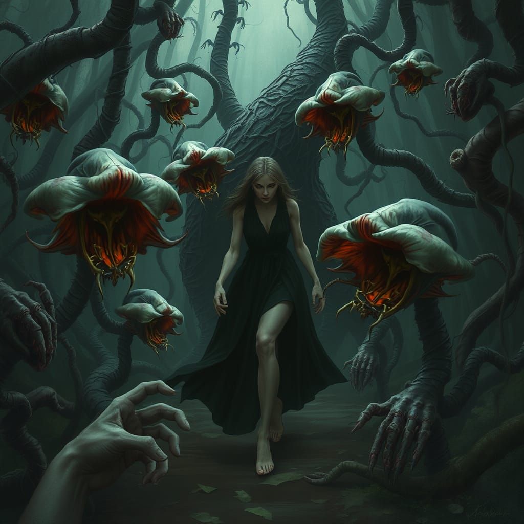 Carnivorous Flowers Guard Hidden Grove in Dark Fantasy Style