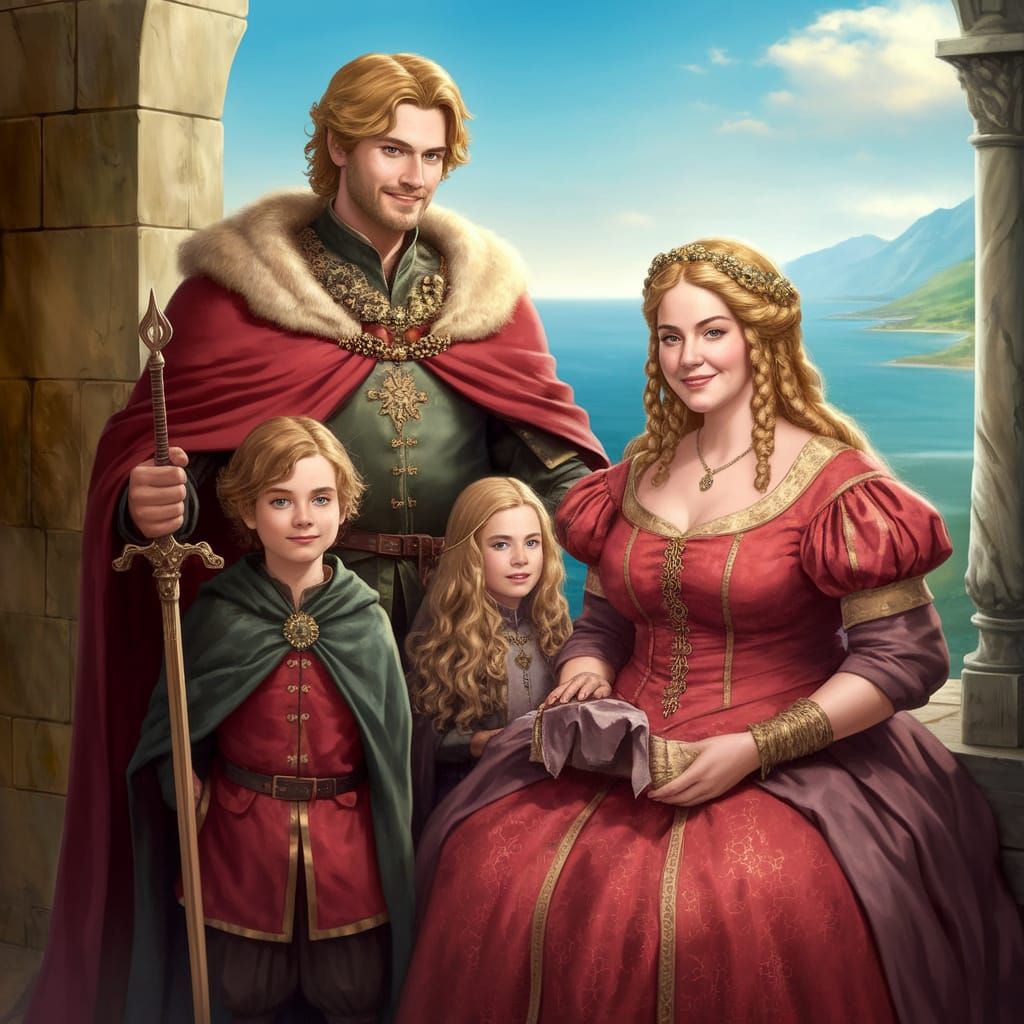 Medieval Noble Family Portrait in Sunlit Coastal Landscape