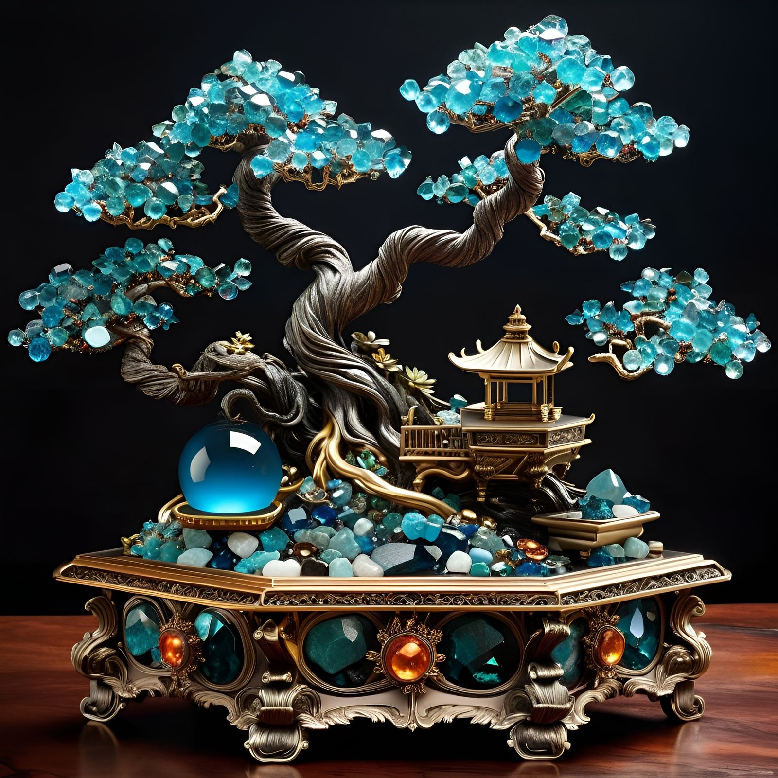 Mechanical Gemstone Bonsai Fantasy Artwork