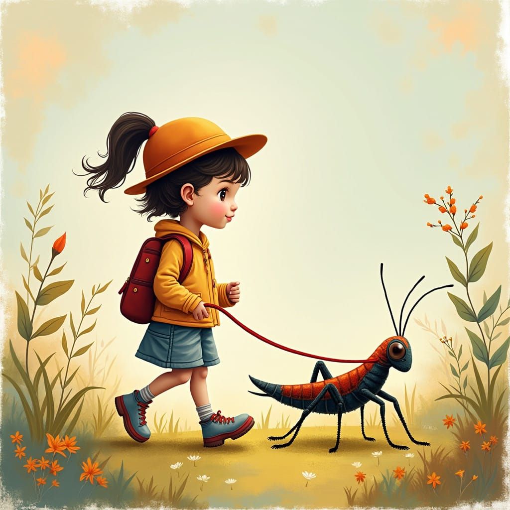 Whimsical Girl and Her Majestic Pet Cricket