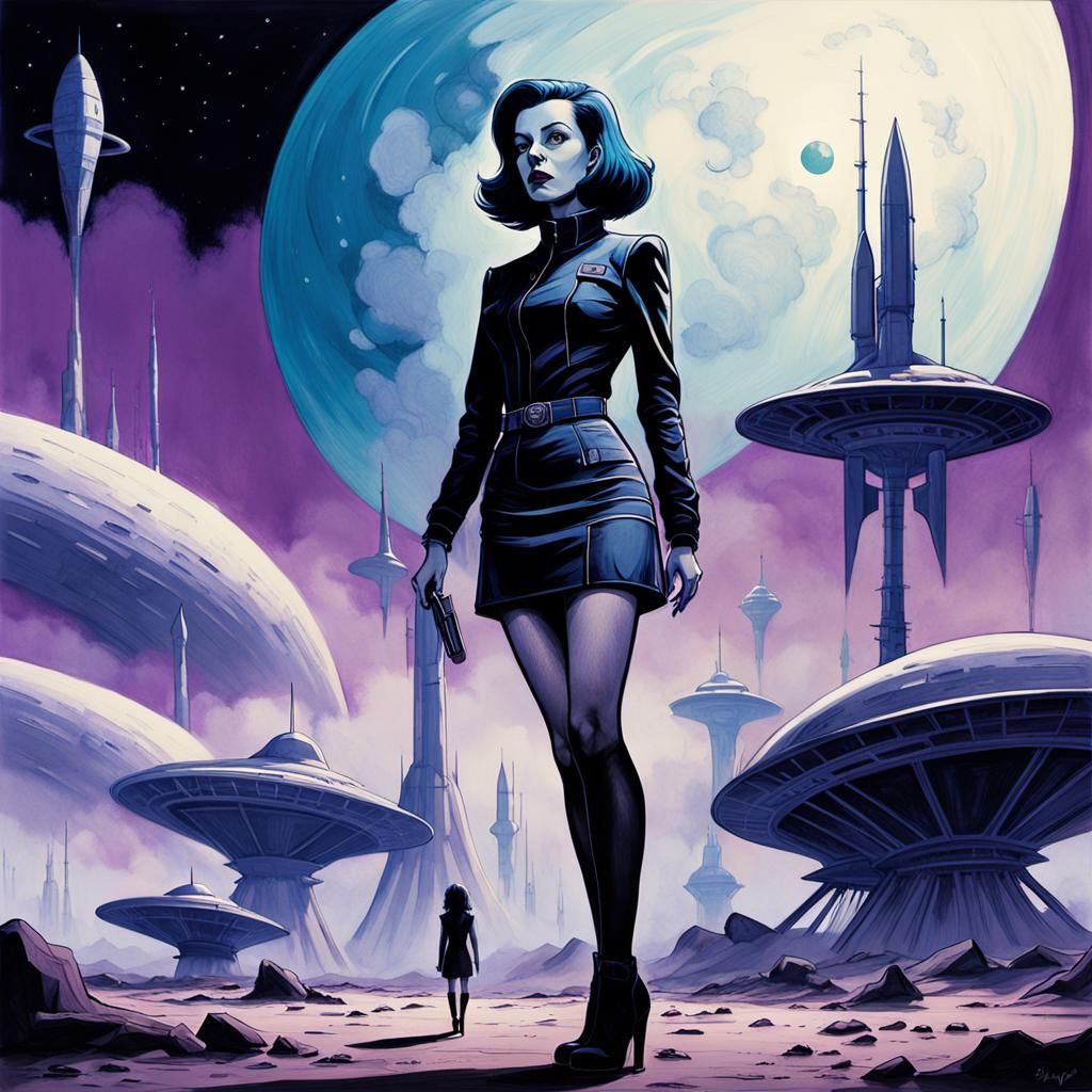 curvy goth woman wearing snug fitting miniskirt and stocking...