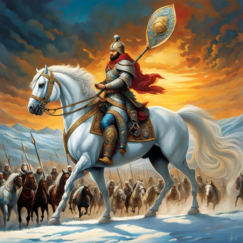 Turkic Khagan Leads Warriors Across Battlefield