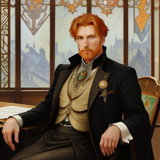 Hot ginger man with wolf eyes sitting at a council table in a Great Hall. Alphonse Mucha, oil on canvas, gouache, impast...