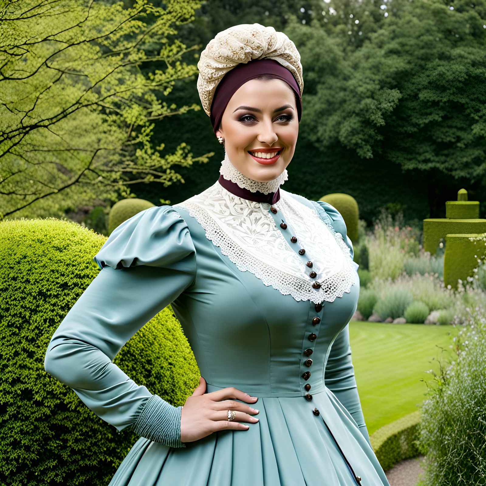 Victorian Woman Portrait in Garden with Modest Dress