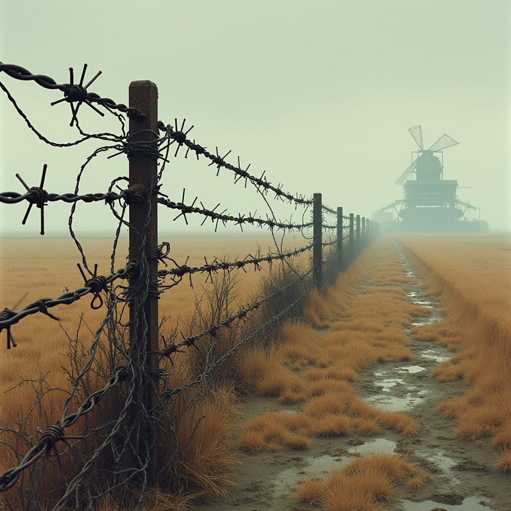 Weathered Barbed Wire Fence in a Desolate Dystopian Landscap...