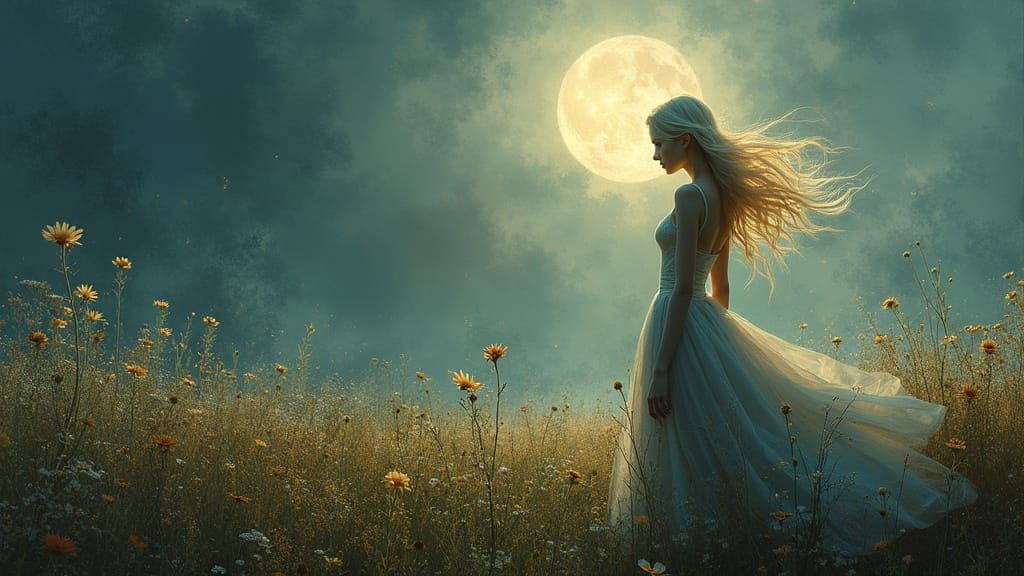 Ethereal Woman in Moonlight Flower Field