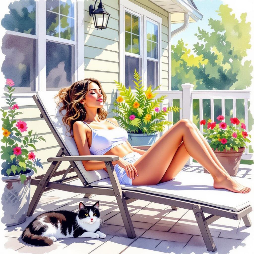 Woman Relaxing with Cat in Watercolor Style