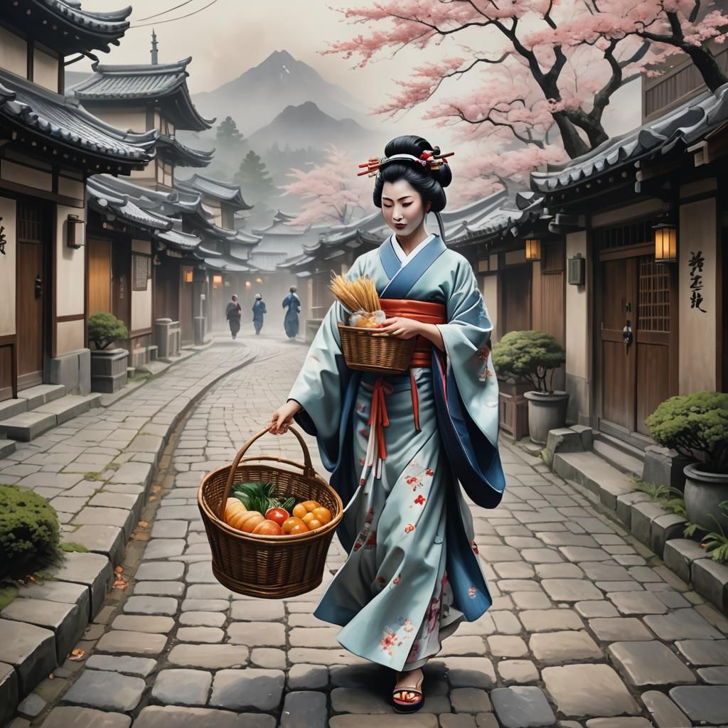 Japanese Landscape with Geisha in Kiyo-e Style