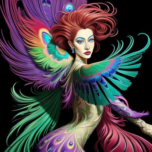 Vibrant Surreal Portrait with Rainbow Peacock Feathers
