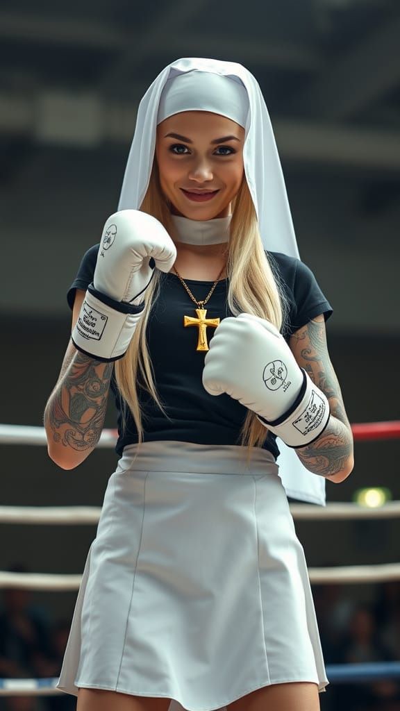 Hyper-Realistic Portrait of a Charming Nun in Boxing Gear