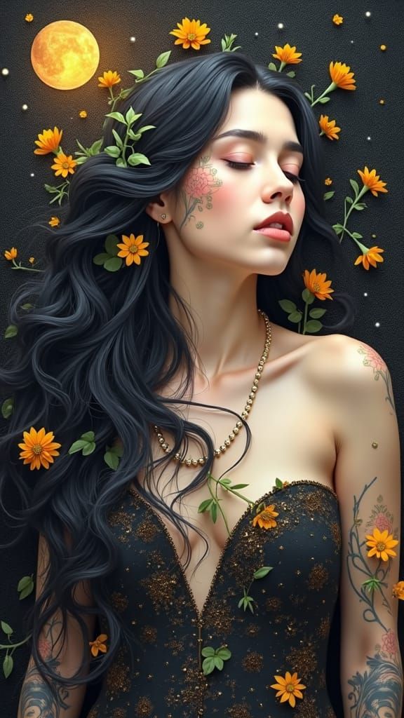 Ethereal Woman with Flowers in Holographic Astral Scene