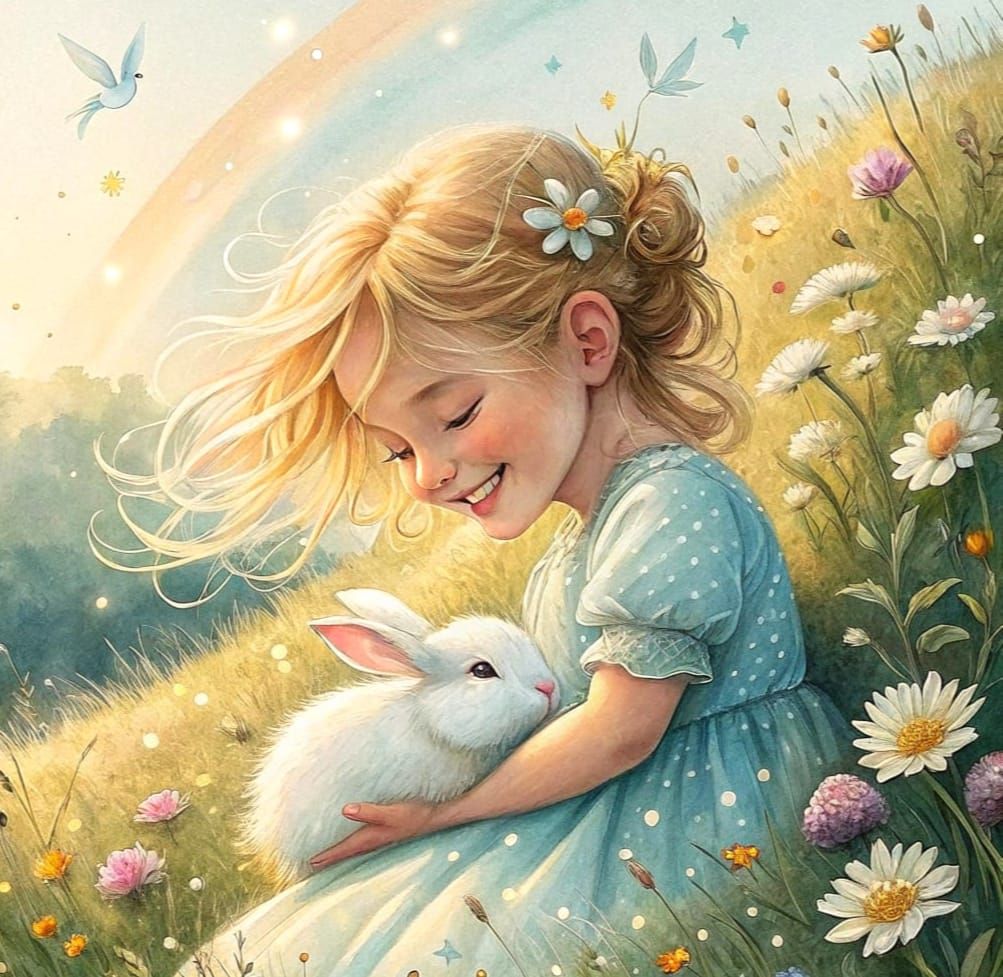 Golden Girl and Fluffy Bunny in Whimsical Watercolour Wonder...