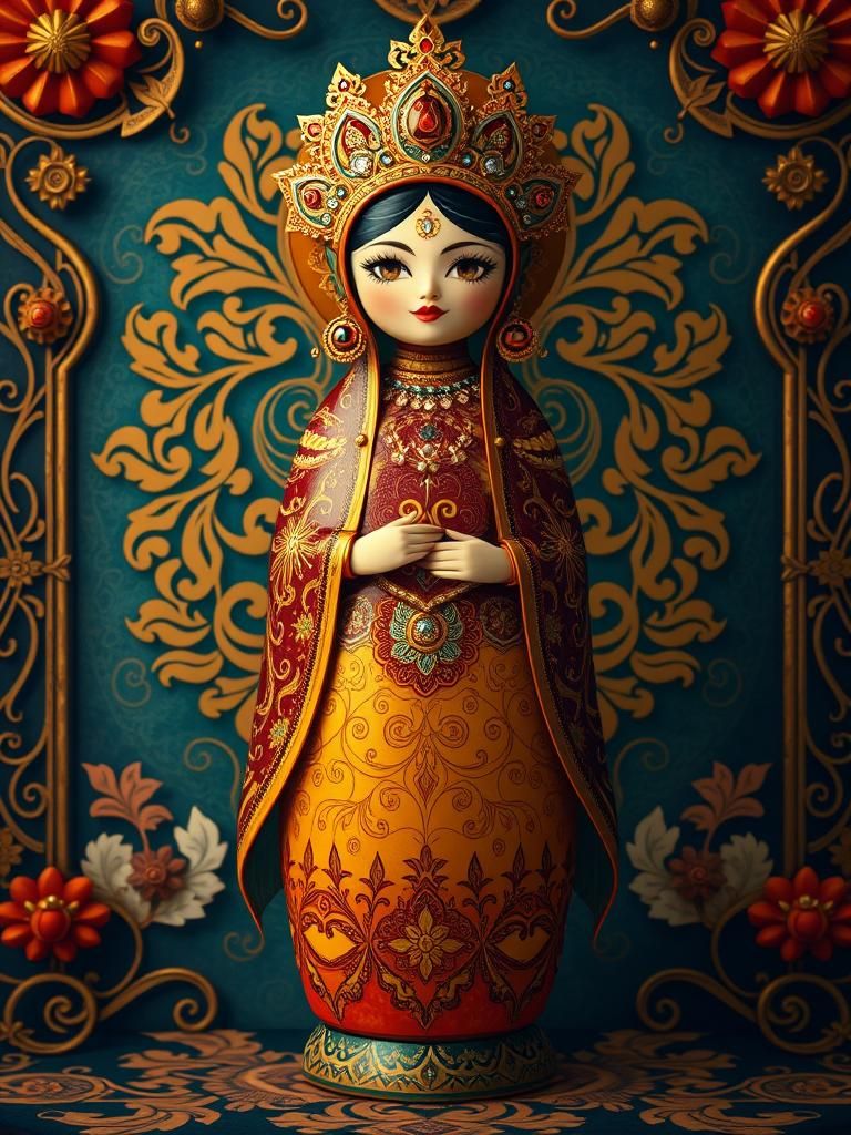 Matreshka goddess. Enameled glass doll. Latinos style.