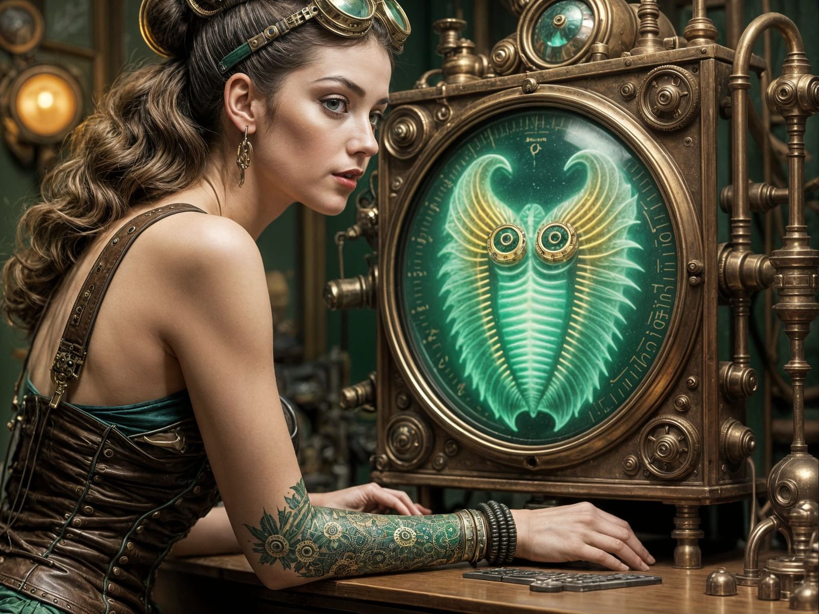 Steampunk Goddess Stares at Timeless Green Trilobite on Vint...