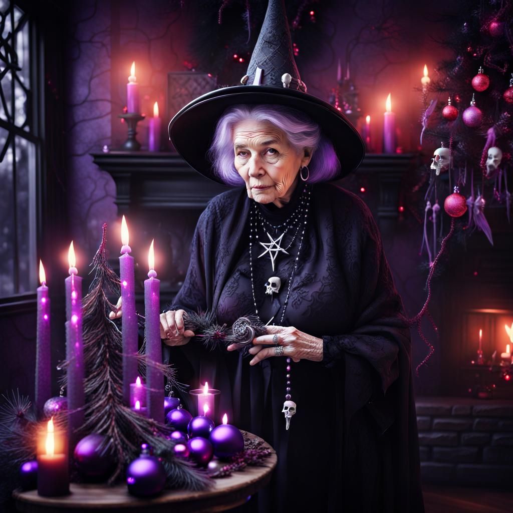 Gothic Witch Decorating a Christmas Tree