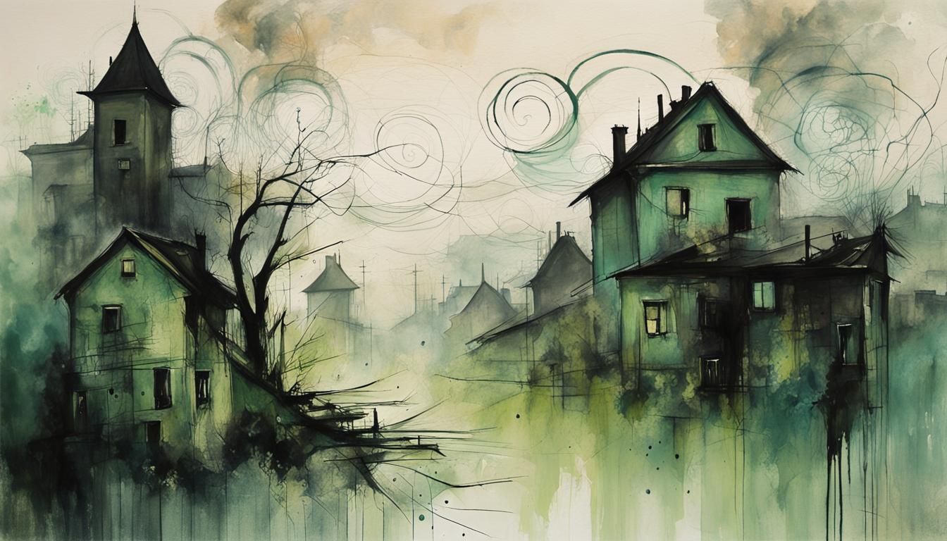 Haunted Village: Bauhaus Graffiti in Tenebrism Style