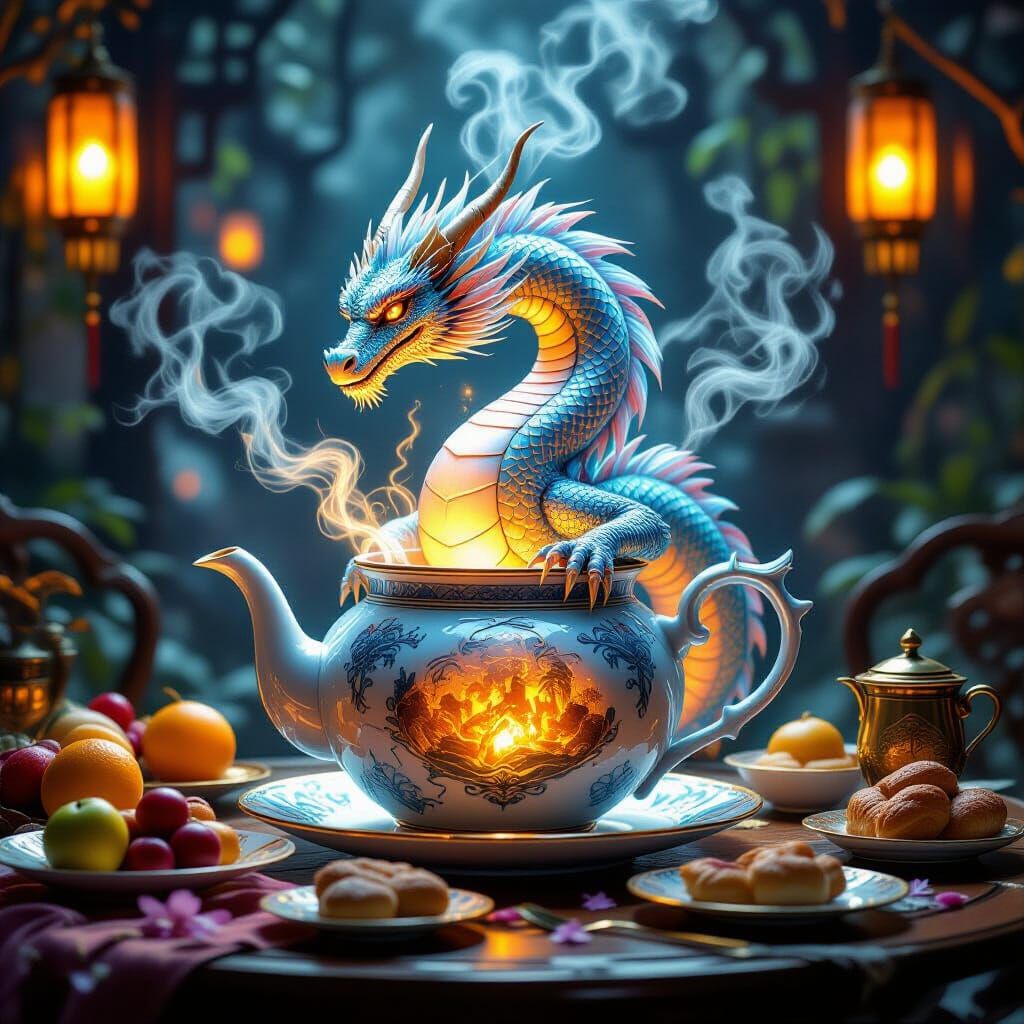 Mystical Dragon Emerges From Steaming Teapot